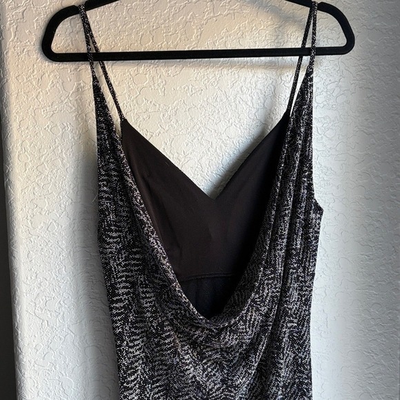 Vintage Windsor Black and Silver Stretchy Patterned Knit Open Back Drape Dress L - Picture 6 of 16